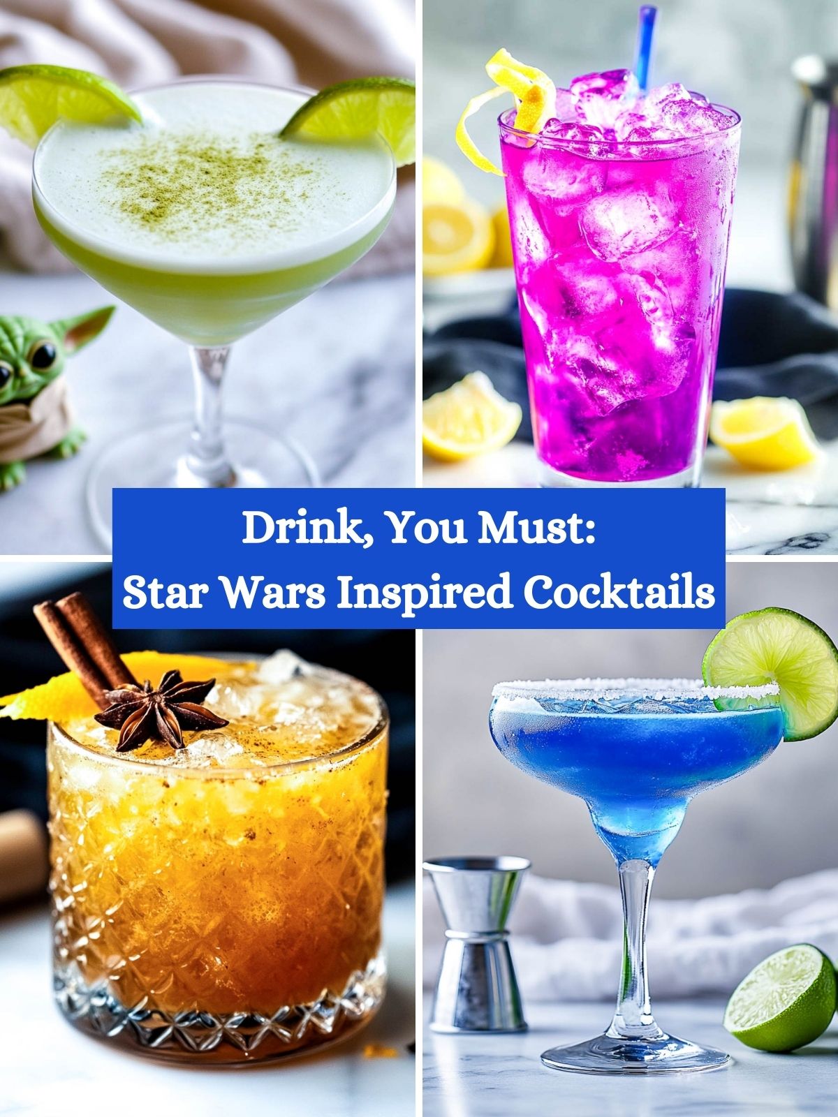 A four-picture collage of star wars inspired cocktails.