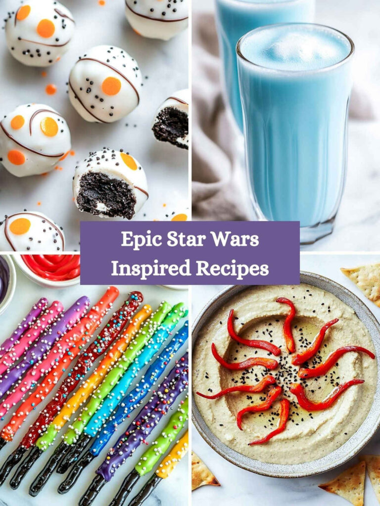 A four-picture collage of star wars inspired recipes.