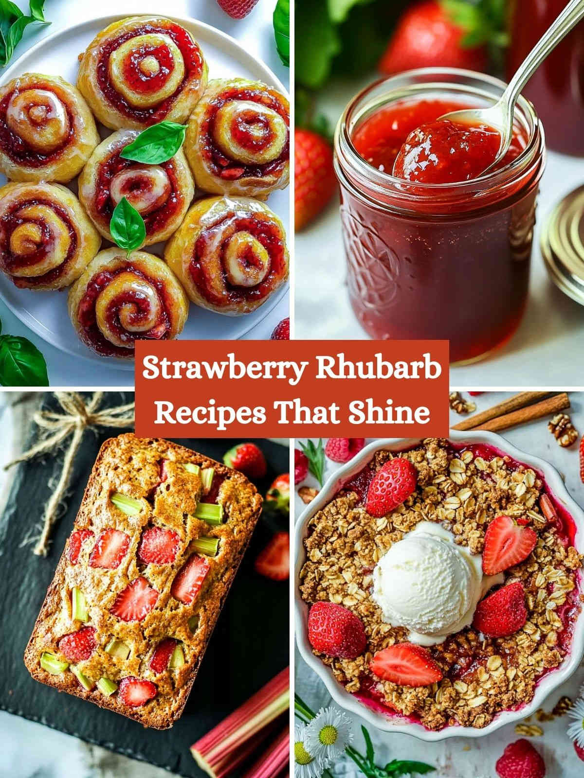 A four-picture collage of strawberry rhubarb recipes.