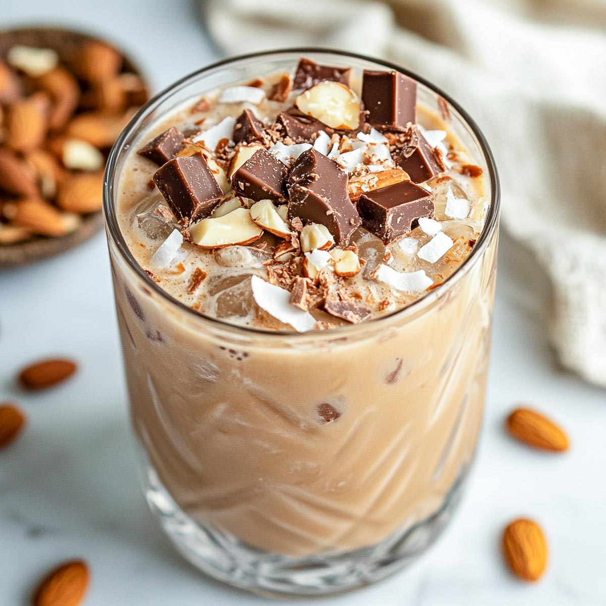 Almond coffee topped with almond joy chocolate.