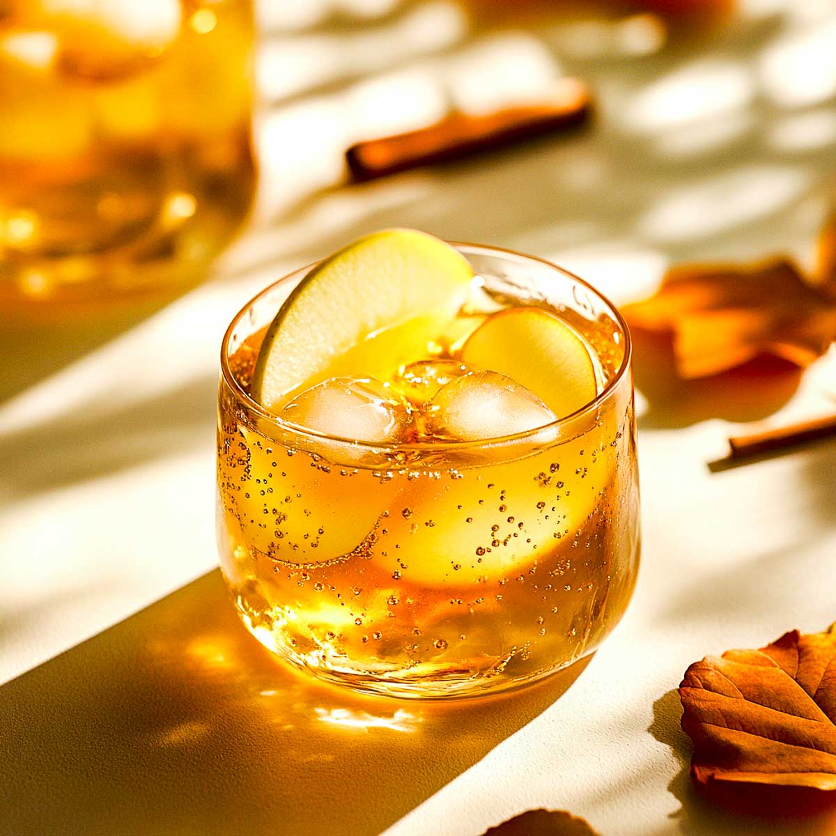Apple cider fizz in on a well lit kitchen counter.