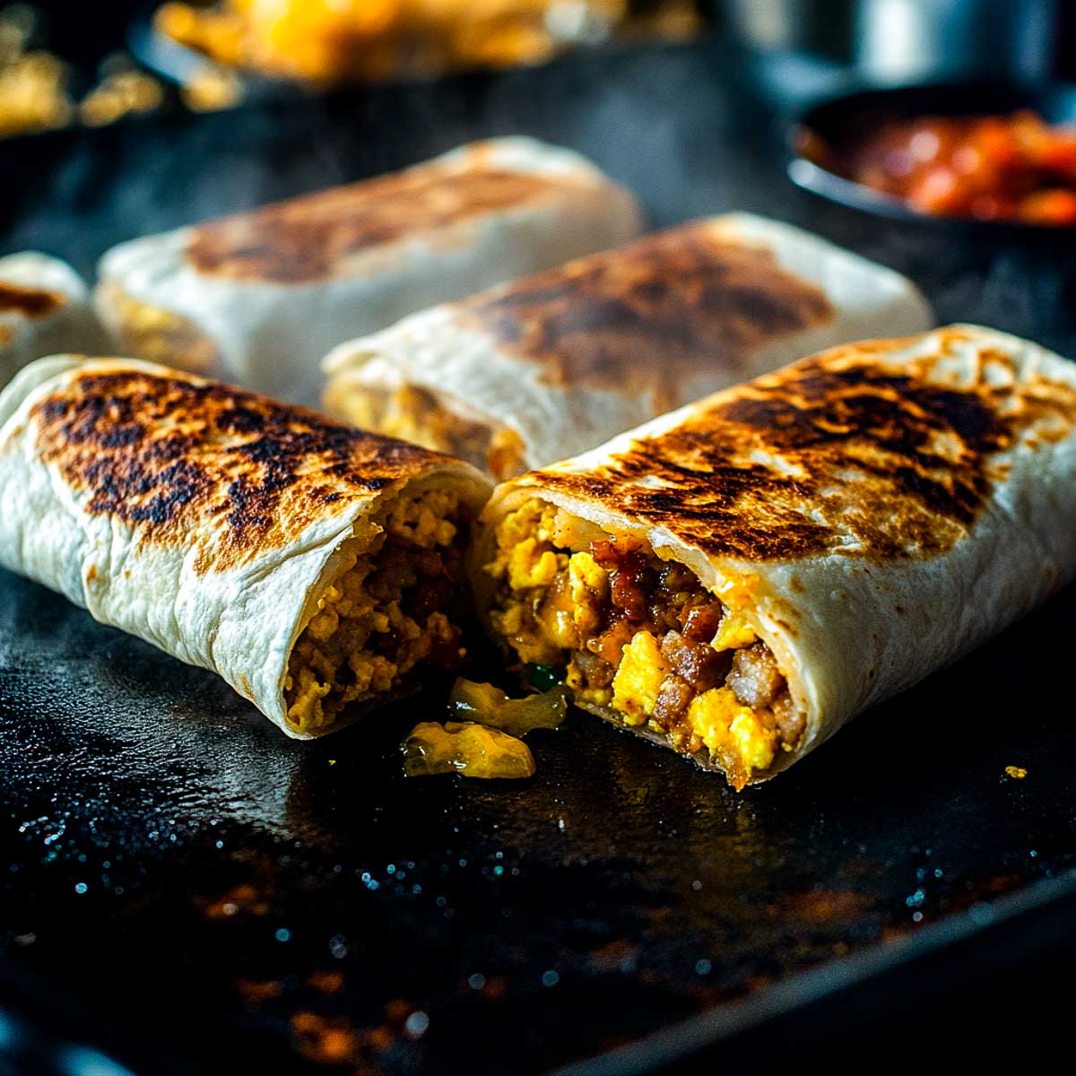 Grilled breakfast crunch wraps made on a blackstone griddle.