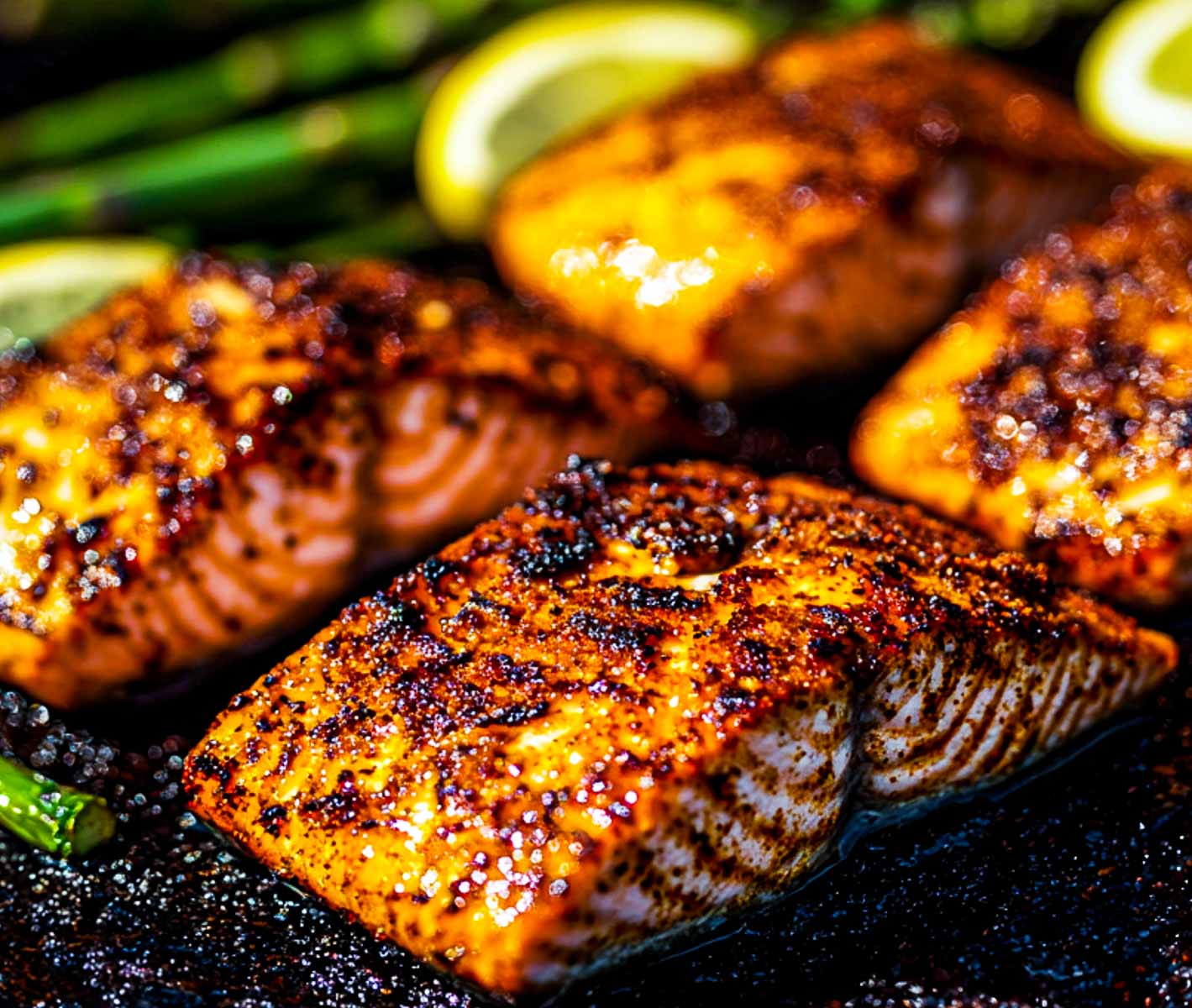 Close up of cooked salmon fillets.