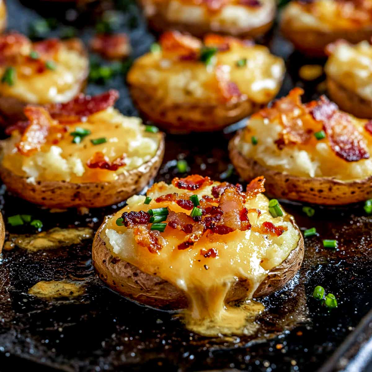 Close up of cheese smashed potatoes.