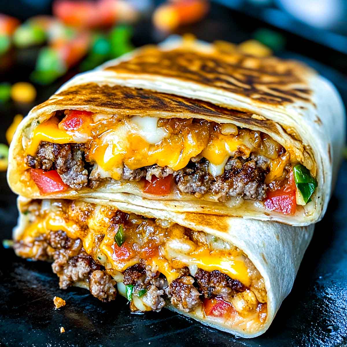 Close up of sliced crunchwrap supreme.
