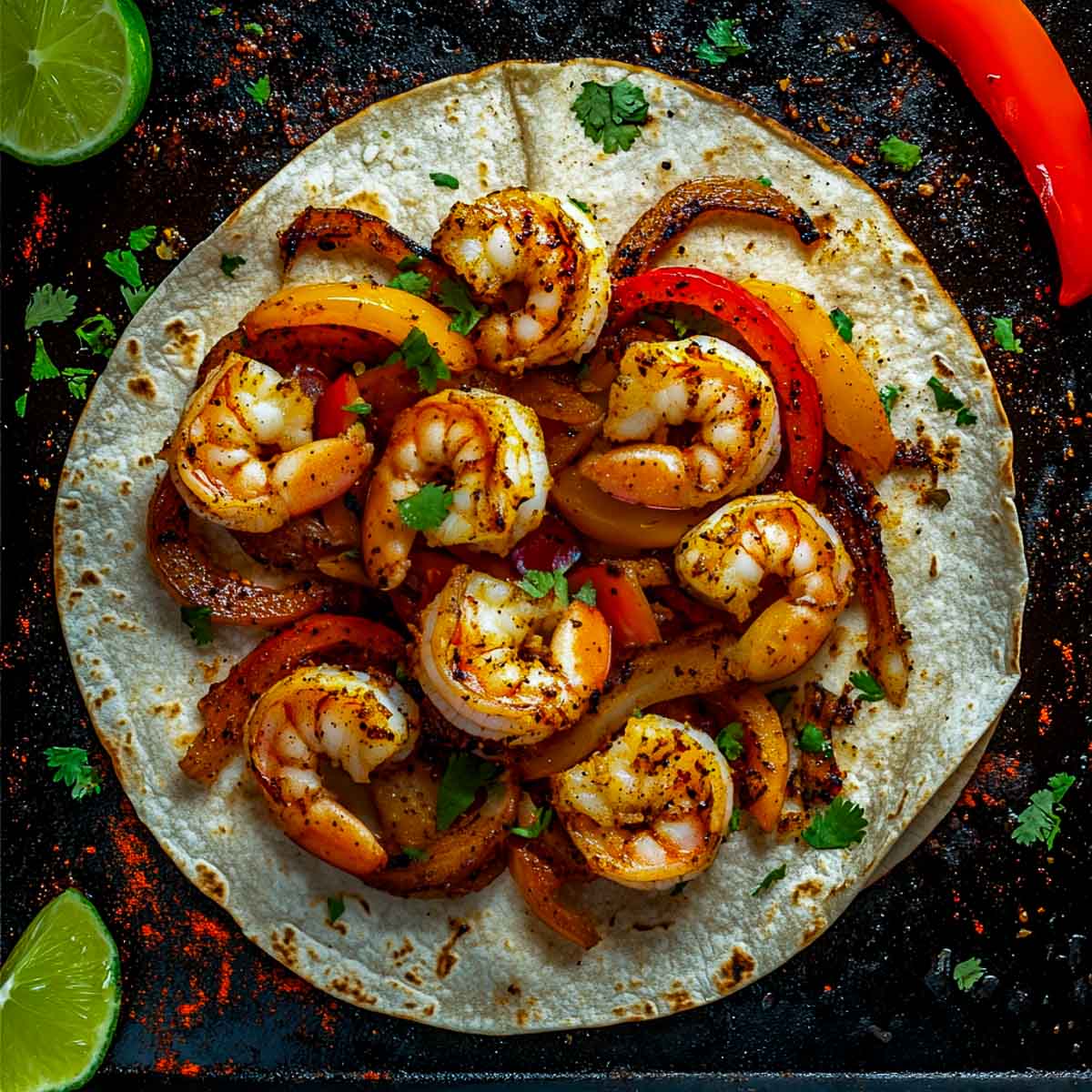 Shrimp fajita on a tortilla ready to be wrapped.