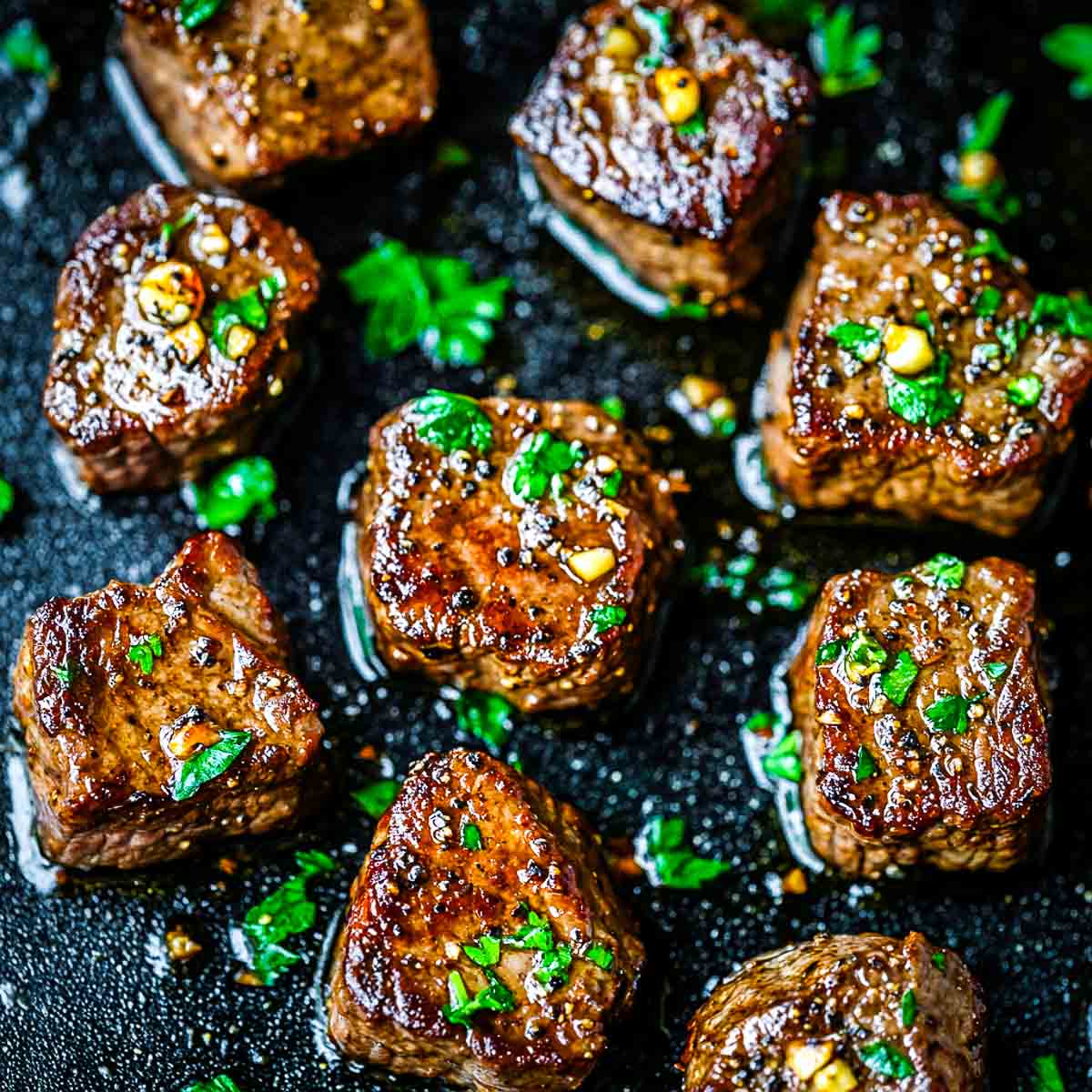 Garlic butter steak bites made on blackstone griddle.
