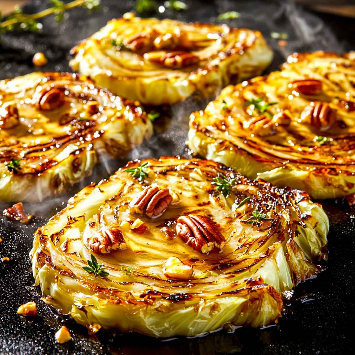 Close up of grilled cabbage steaks for blackstone camping meals.