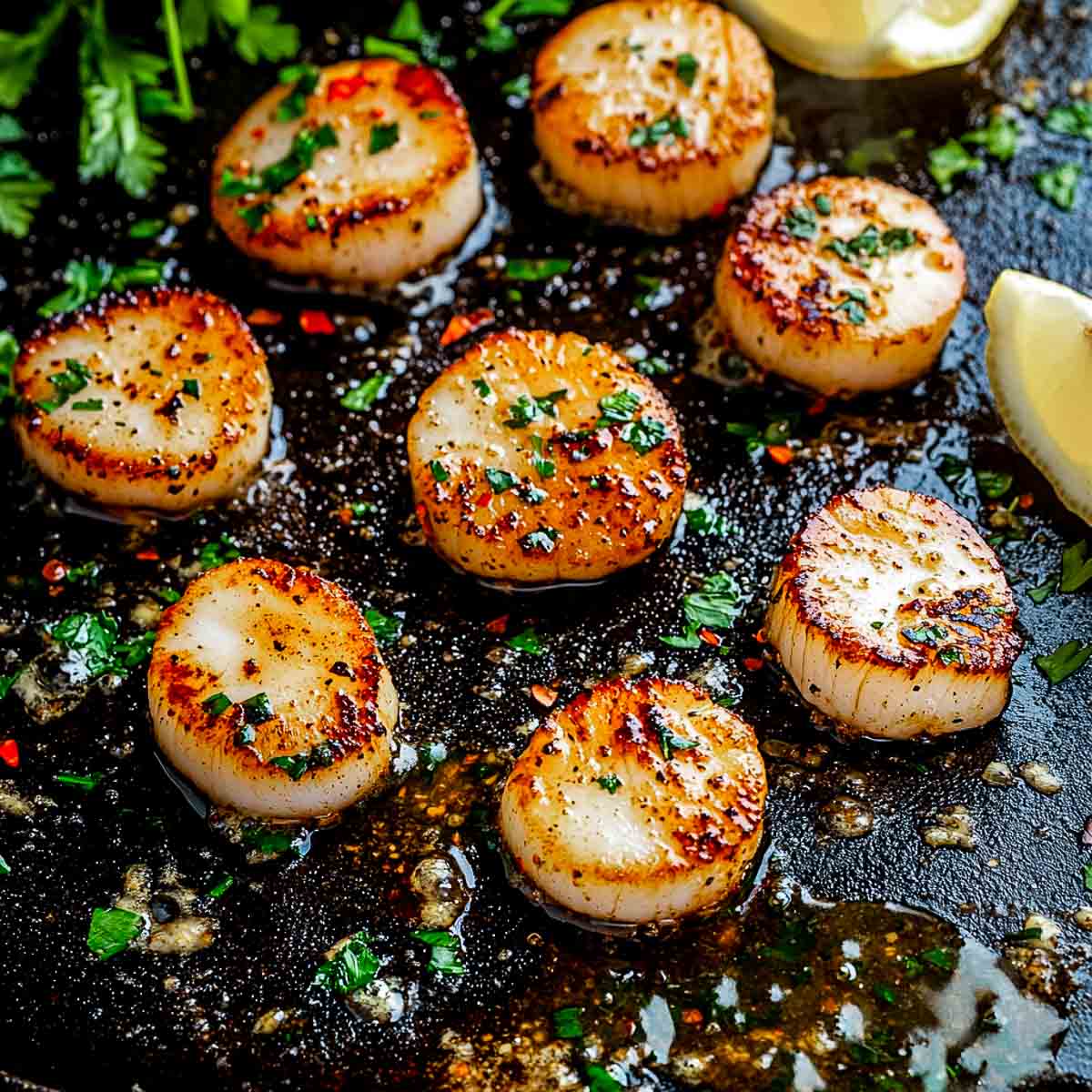 Perfectly cooked scallops on a blackstone griddle.