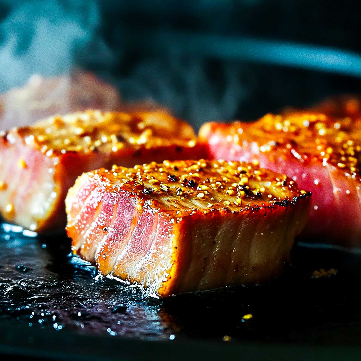 Soy ginger tuna steaks cooked on a blackstone griddle.