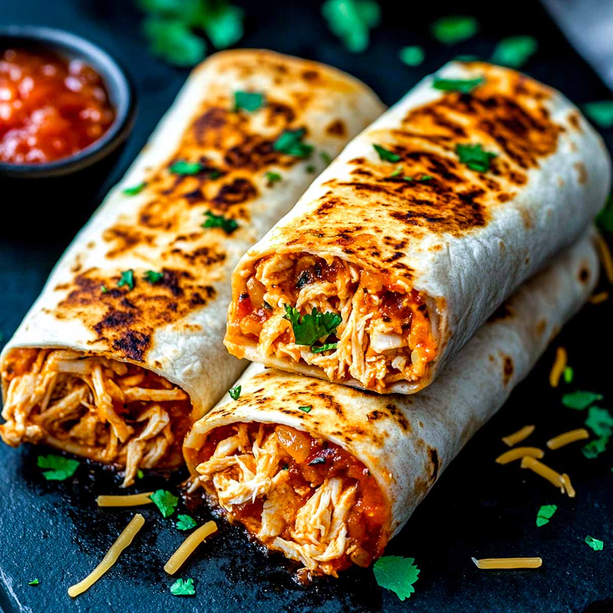 Chicken burritos served with a bowl of salsa in the background.