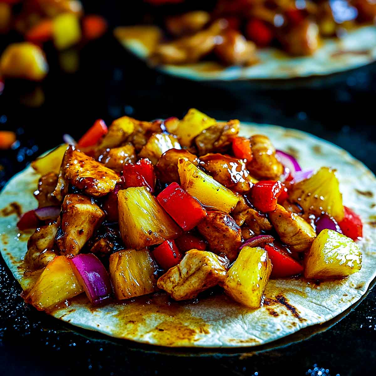 Teriyaki chicken and pineapple on a tortilla ready to be wrapped.
