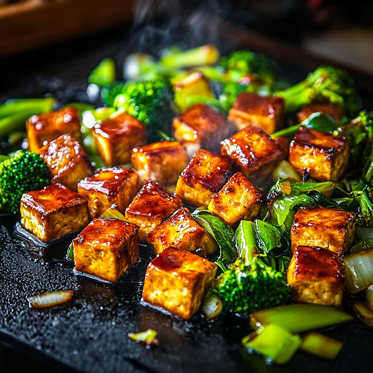 Teriyaki tofu with broccoli.