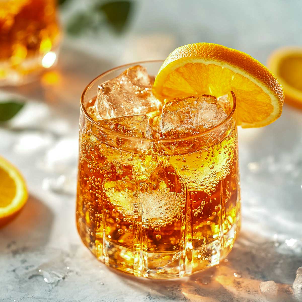 Bourbon orange spritz garnished with an orange wheel placed on a white marble surface.