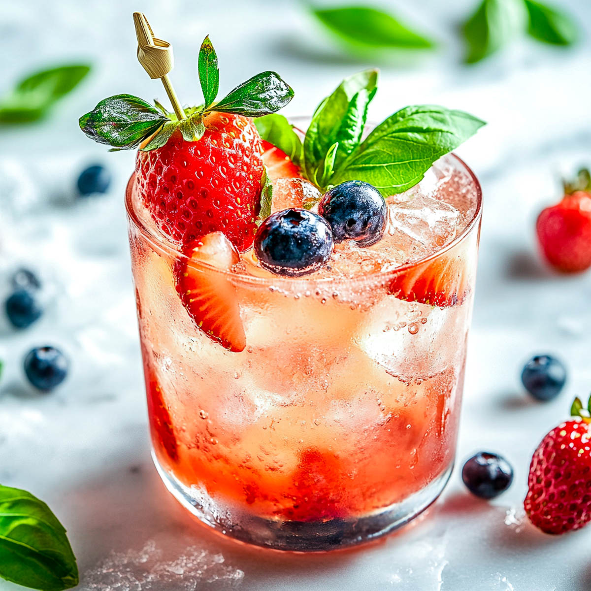 Bourbon strawberry lemonade topped with fresh strawberry.