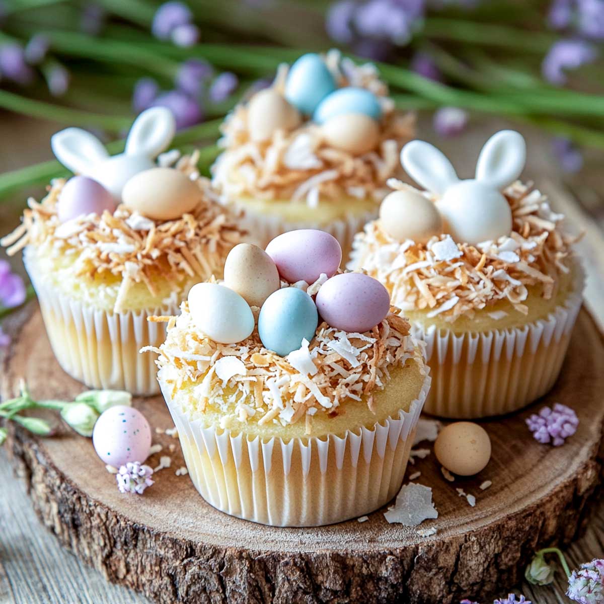 Coconut frosting topped with mini chocolate eggs.