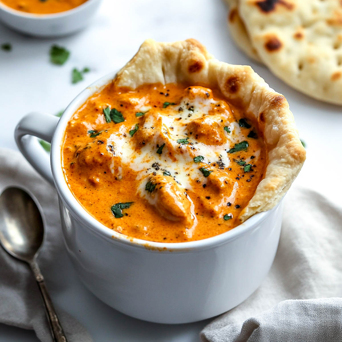 Butter chicken topped with cream and served with naan.