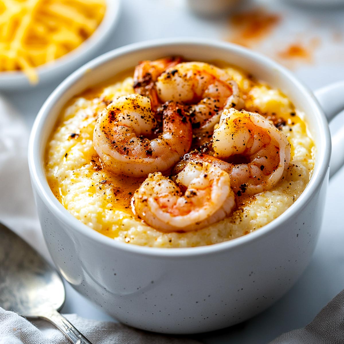 Cajun shrimp and grits made in a mug.