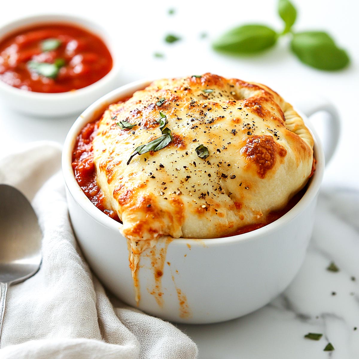 Calzone made in a mug on a marble surface with sauce in the background.