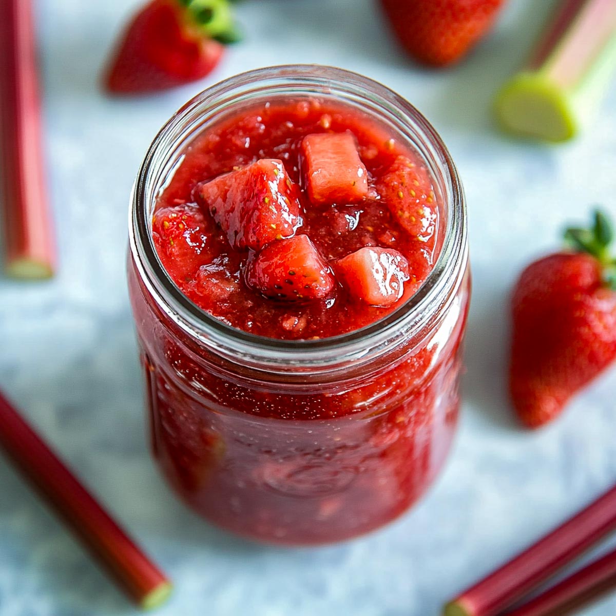 Strawberry rhubarb pie filling in a glass jar.