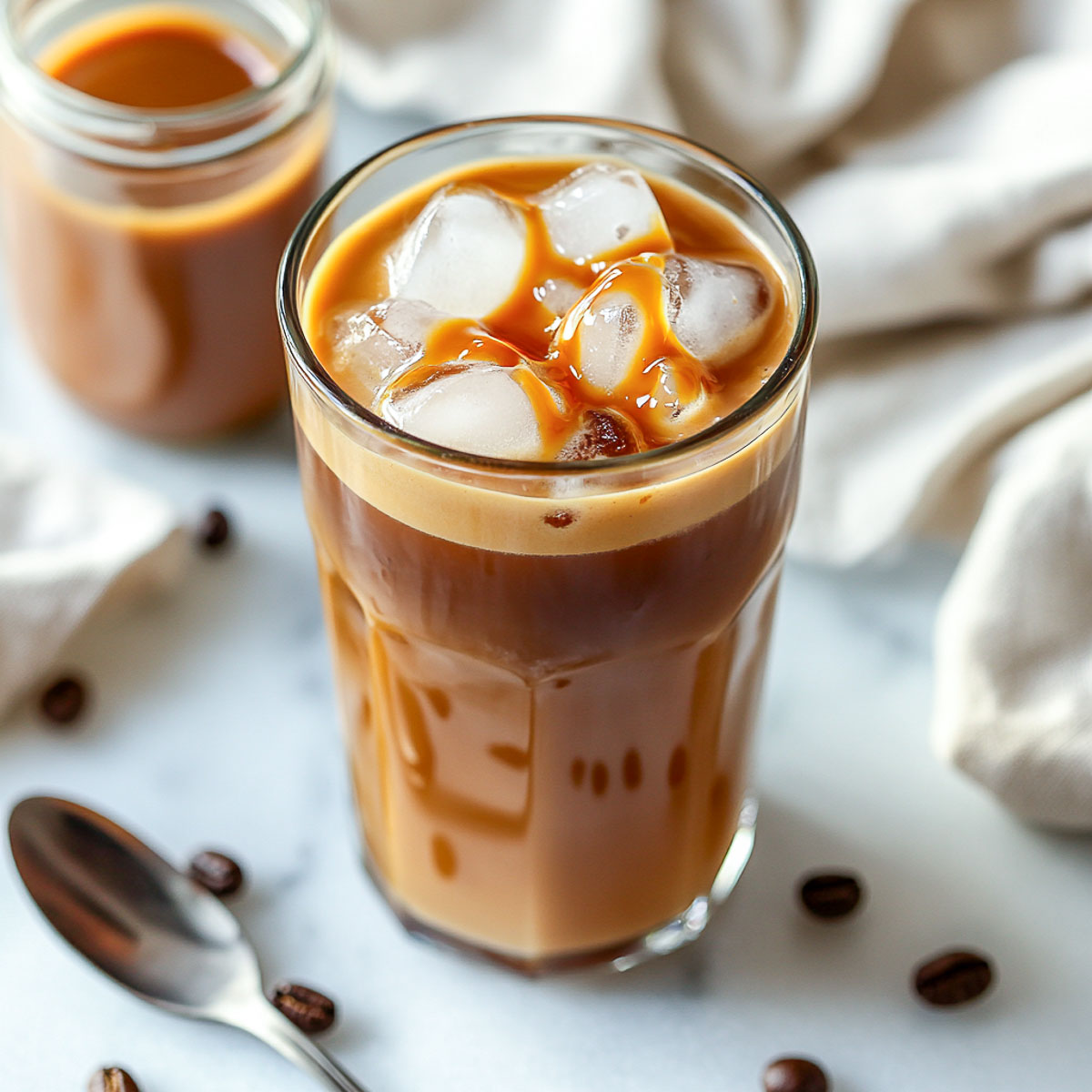 A glass of caramel cold bres on a white marble surface with a jar of caramel in the background.