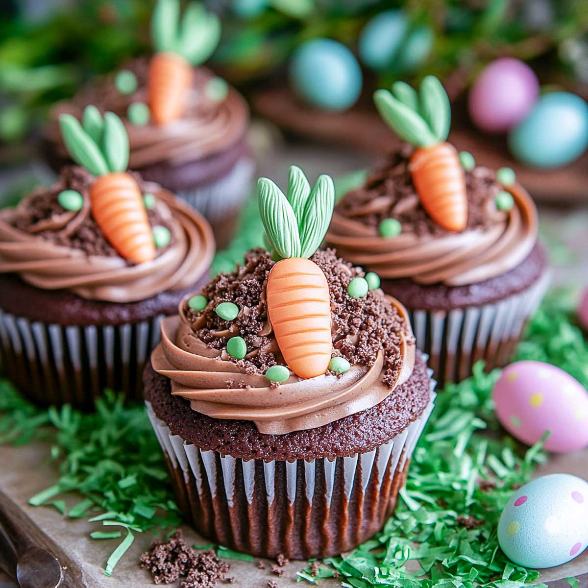 Frosted chocolate cupcakes with carrot toppers.