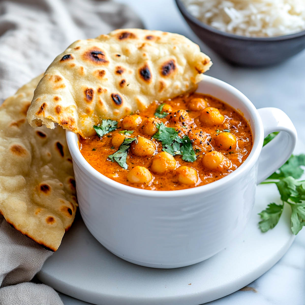 Chana masala served with naan bread and rice.
