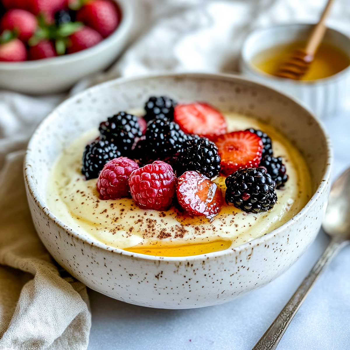 A creamy cheesecake pancake bowl topped with fresh berries and a drizzle of honey, served in a white ceramic bowl on a white marble surface.