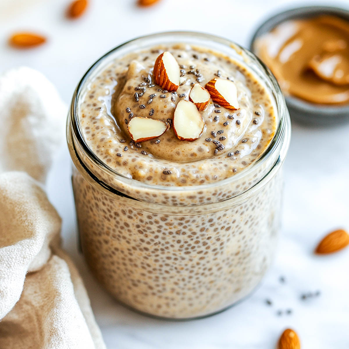A glass jar filled with creamy chia seed pudding, topped with almond butter and sliced almonds, placed on a white marble surface.