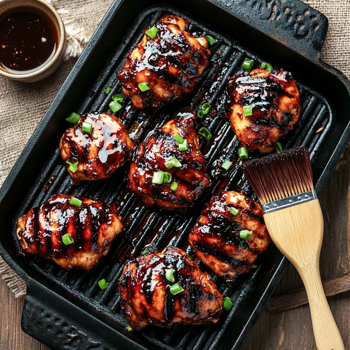 Balsamic glazed chicken on a grill pan.