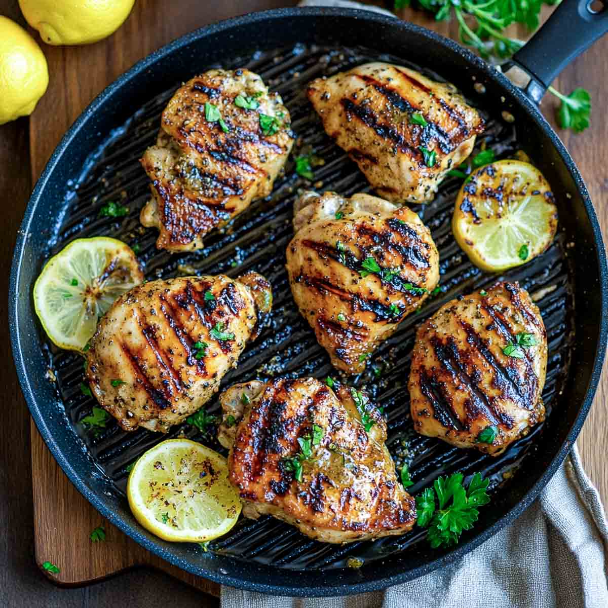 Charred lemon and parmesan marinated chicken on a grill pan.