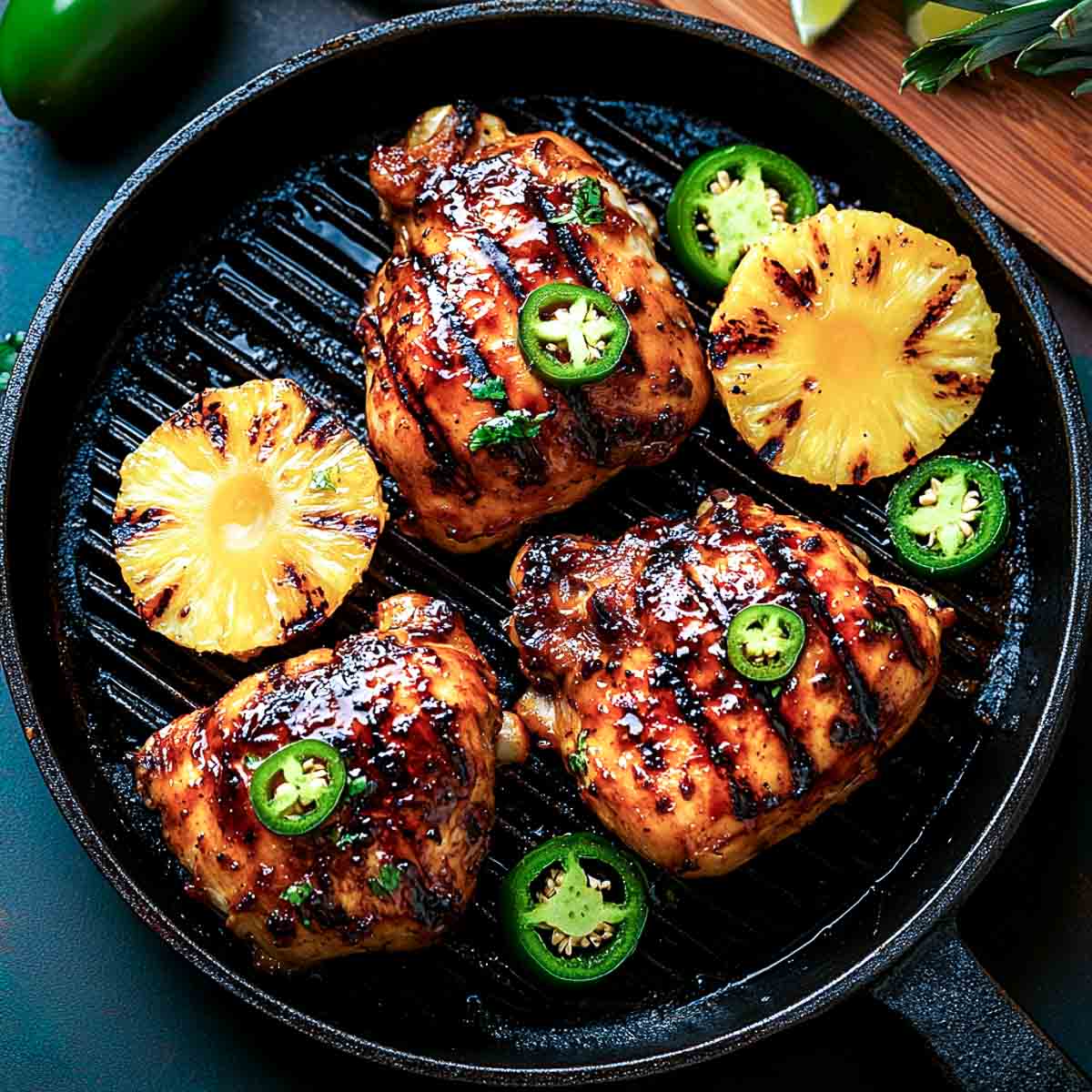 Roasted pineapple and jalapeno marinated grileed chicken on a black grill pan.