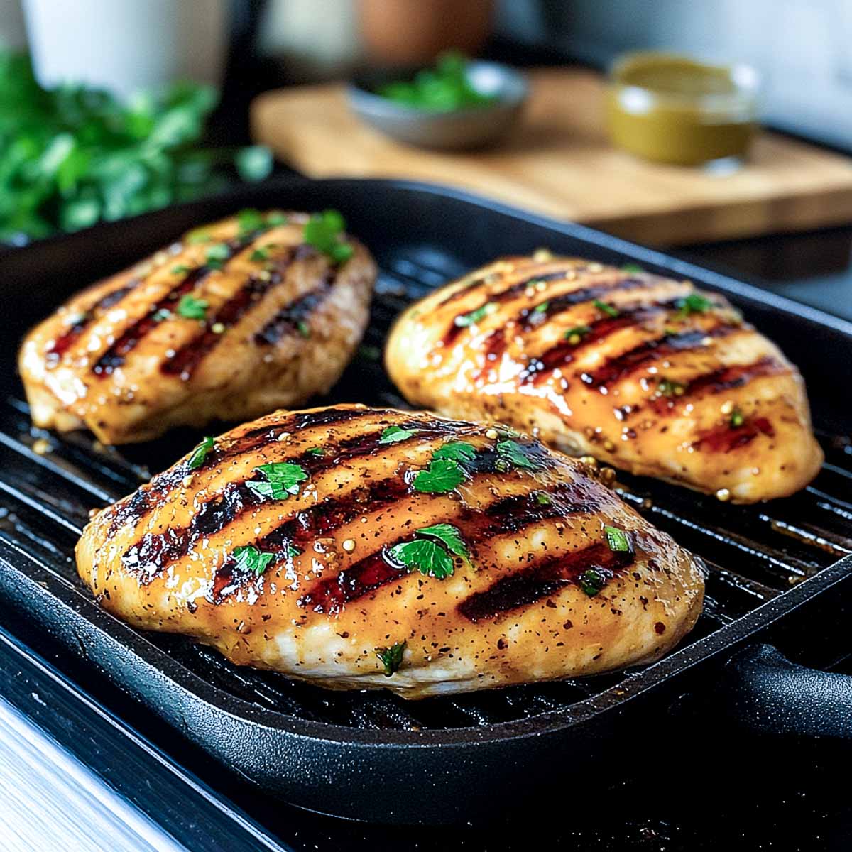 Side view of maple honey mustard grilled chicken.
