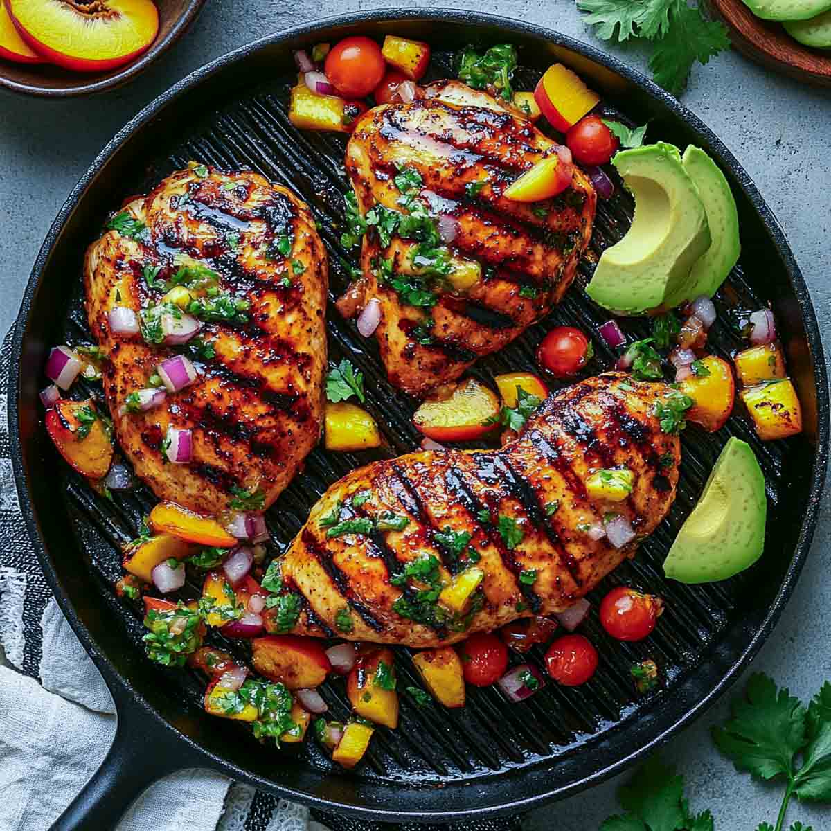 Peach marinated chicken on a grill pan.