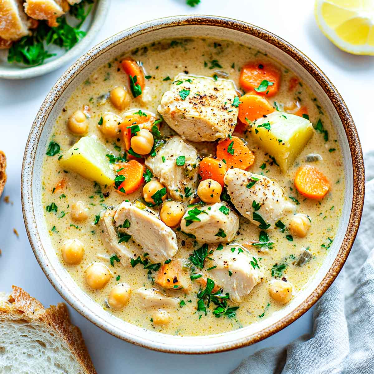 Creamy stew in a bowl served with bread.