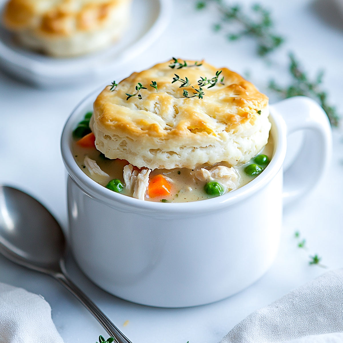 Chicken pot pie topped with biscuit.