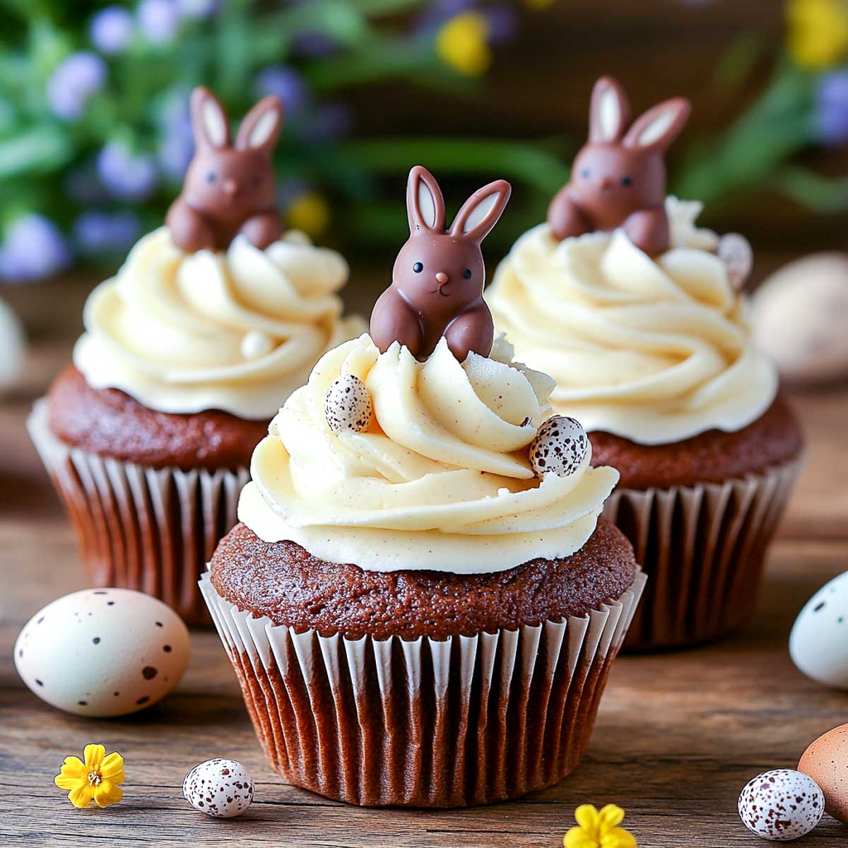 Chocolate cupcakes with buttercream frosting and a chocolate bunny topper.