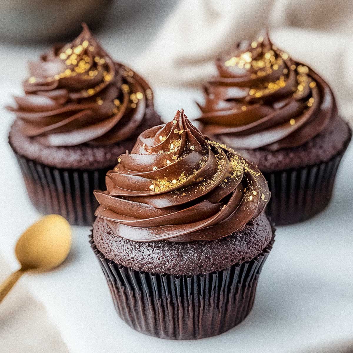 Chocolate cupcakes with chocolate ganache and gold dusting.