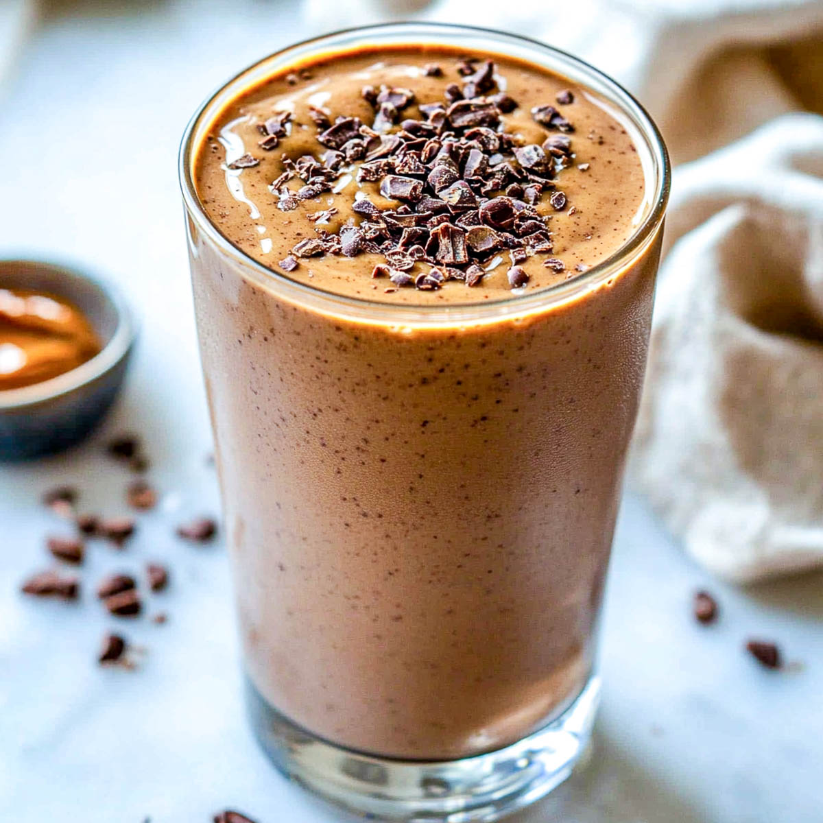A tall glass filled with a creamy chocolate peanut butter protein shake, topped with cacao nibs, placed on a white marble surface.