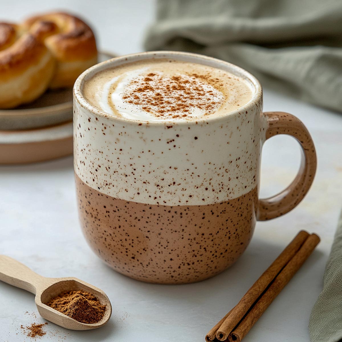 A mug of warm cinnamon roll protein latte.