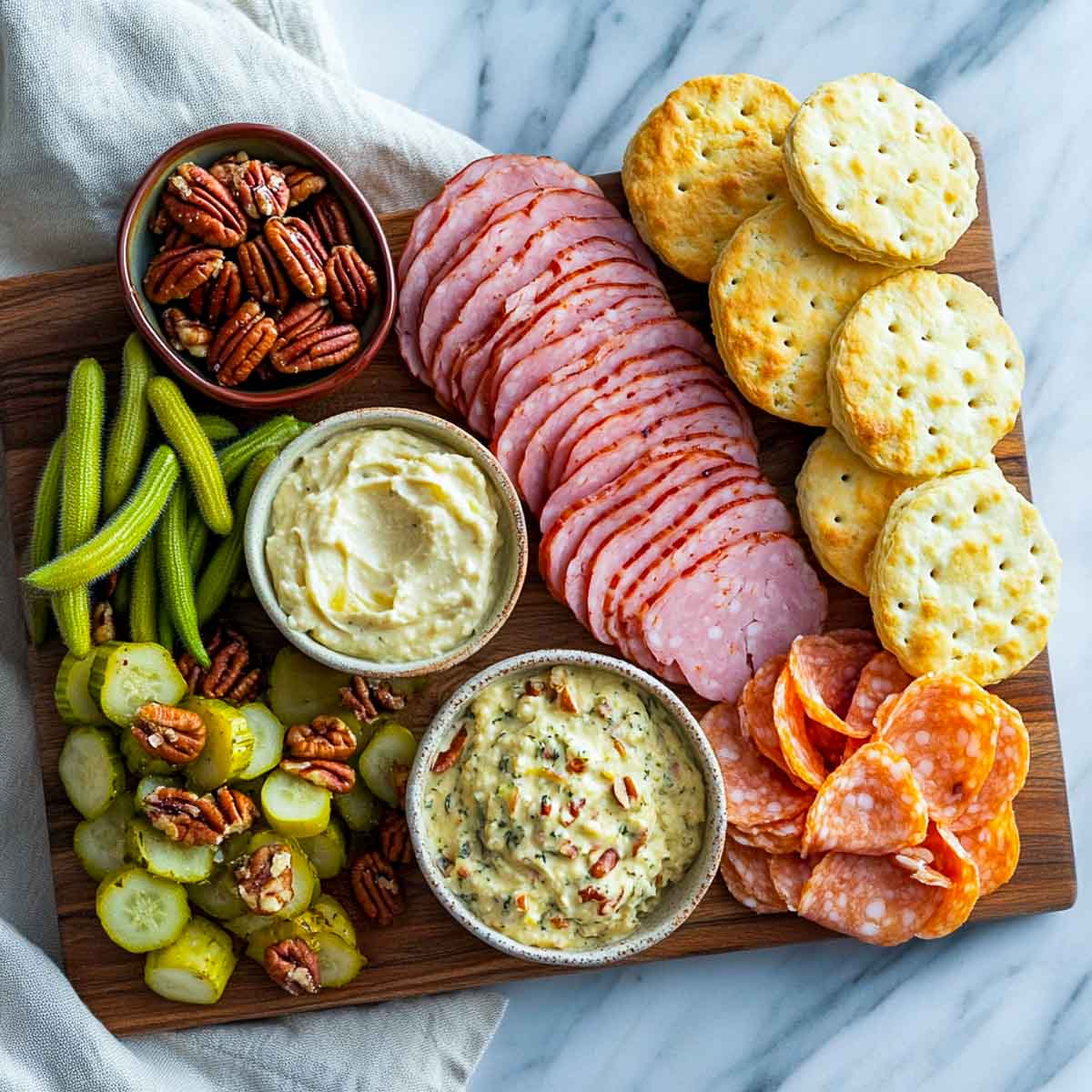 Southern style charcuterie board on a white marble surface.