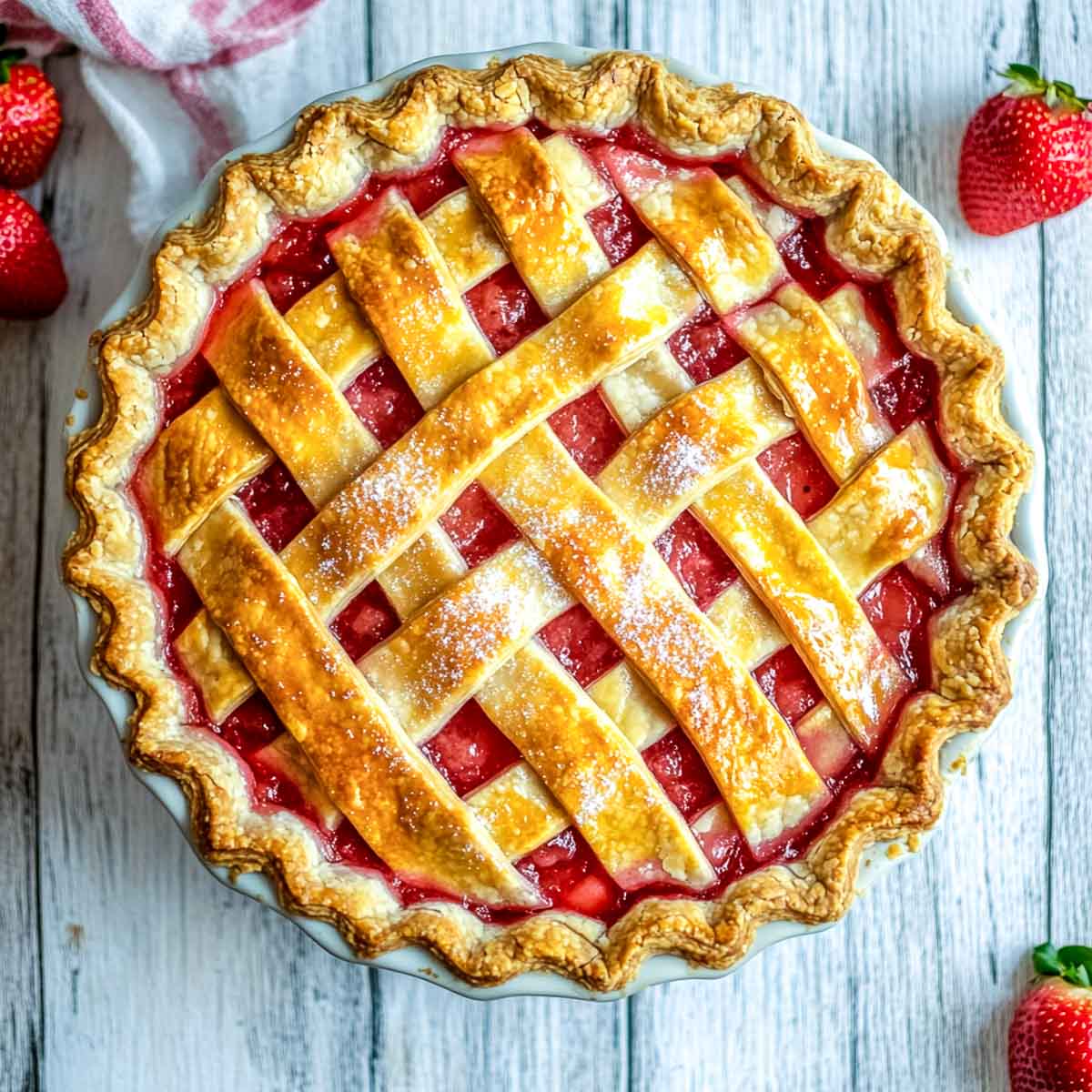 Strawberry rhubarb pie on a light blue surface.