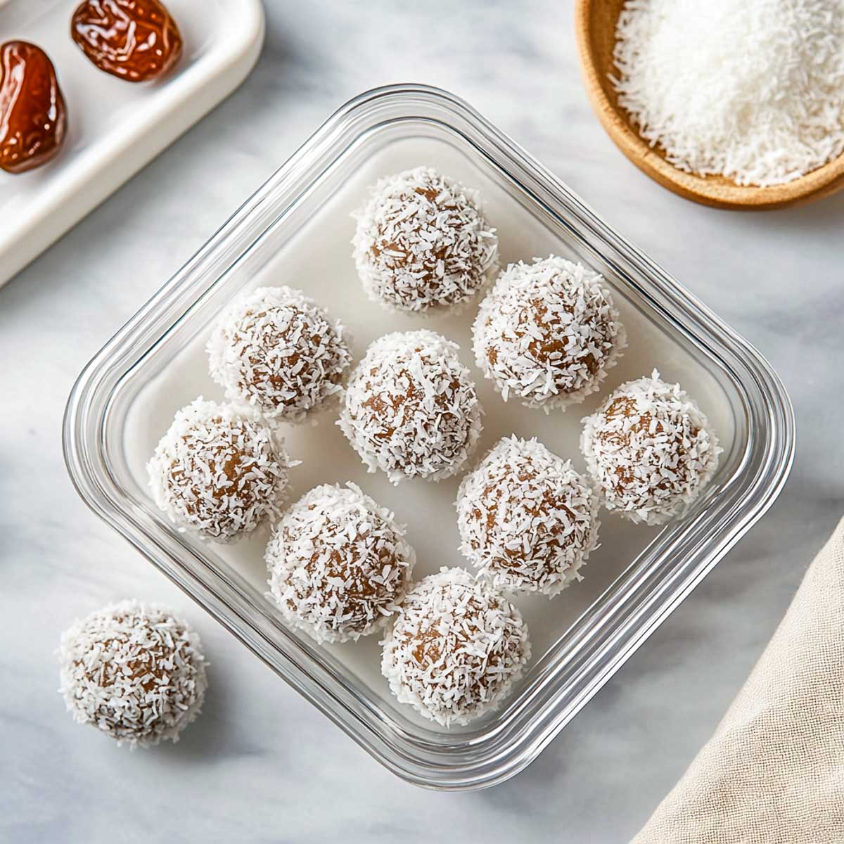 Coconut covered date balls in a box placed on a marble surface.