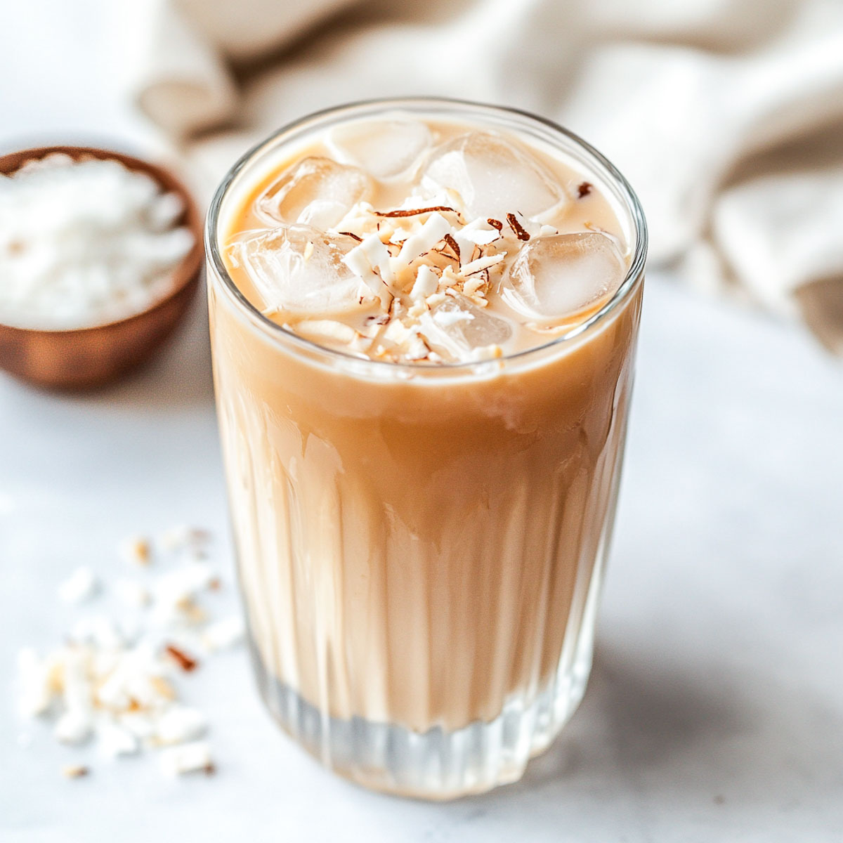Iced coconut protein coffee topped with shredded coconut.