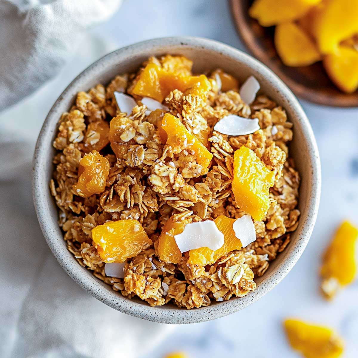 Coconut mango granola in a grey bowl placed on a marble surface.