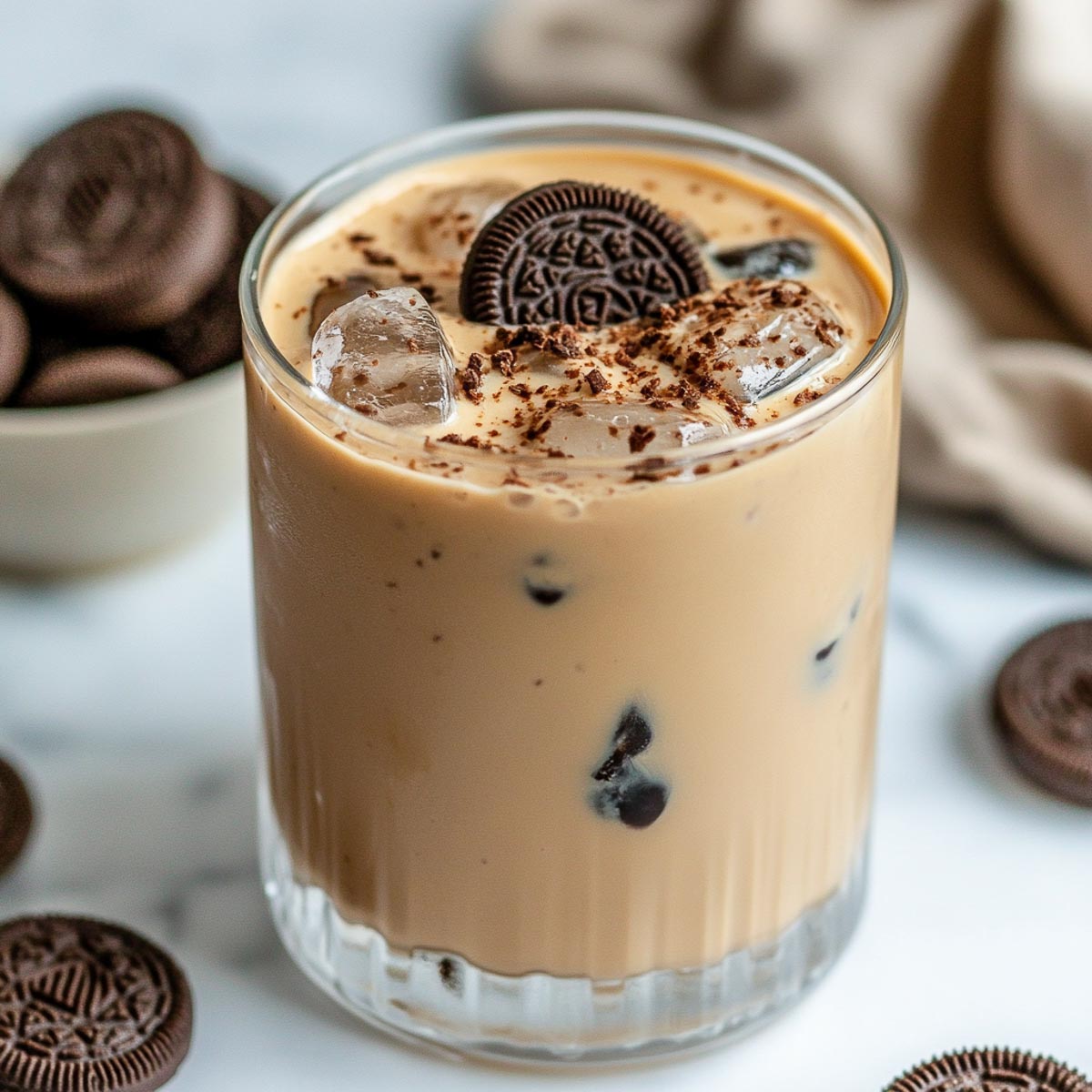 A glass of cookie and cream protein coffee topped in an extra oreo.