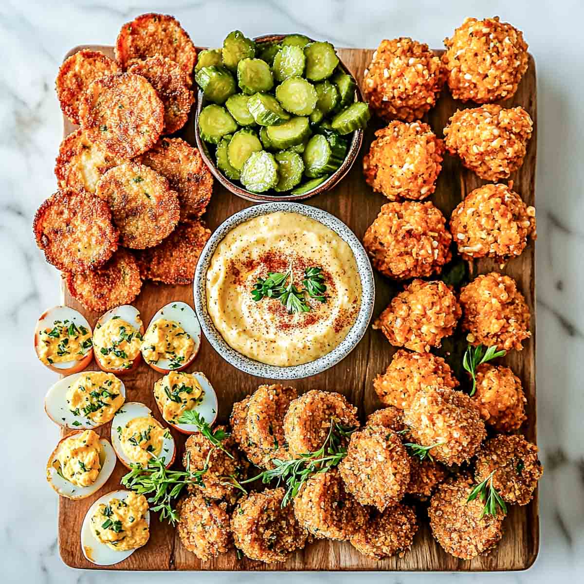 Deviled eggs and different types of fried foods serving with dip.