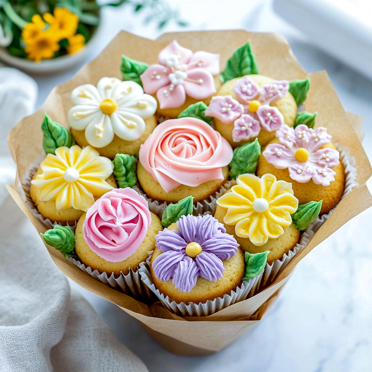 Cupcakes decorated with floral frosting and arranged like a bouqet.