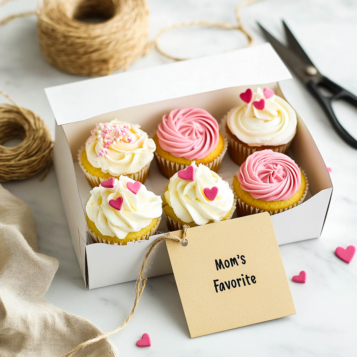 A gift box with six adorable cupcakes and a personal note.