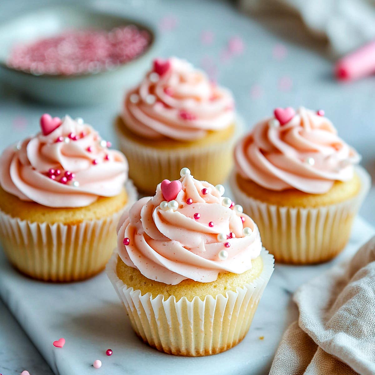 Cupcakes with pink frosting and sprinkles.